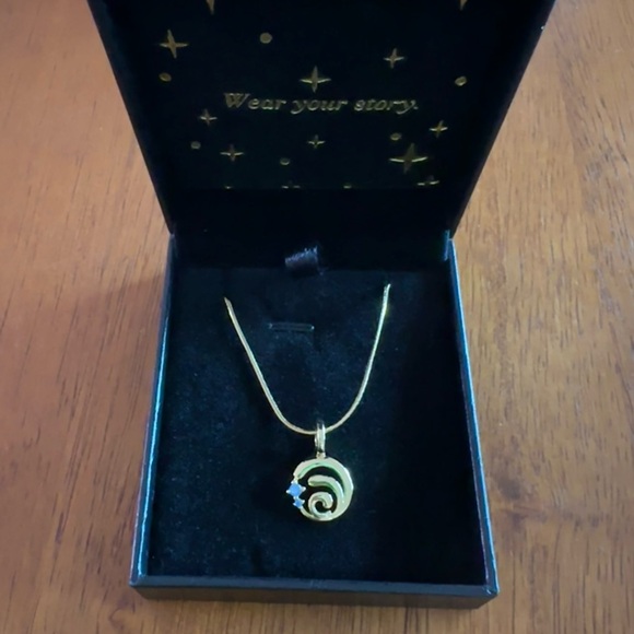 Gold Necklace with Case, Ocean Wave Inspired Charm with Blue Gems, Tala By Kyla - Picture 1 of 7